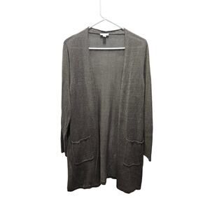J.Jill Olive Green Long Open Front Knit Cardigan Petite Large Linen Blend